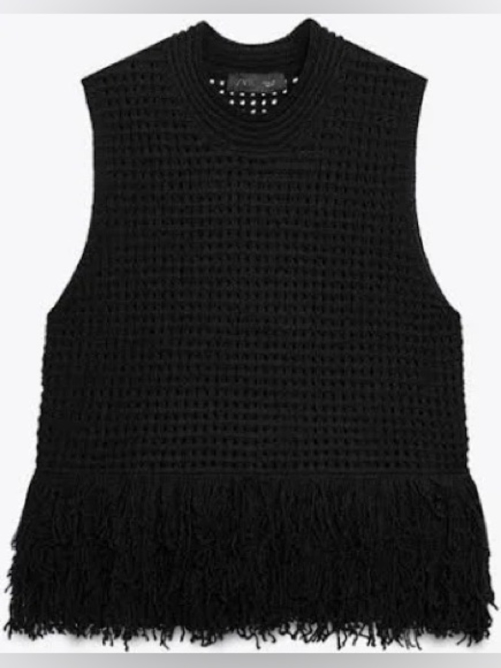 NWT – Zara Black Fringed Checkered Knit Top – Large